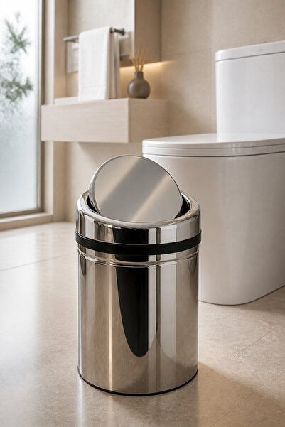 İSAOĞLU YAPI Bathroom Trash Can with Swivel Lid Practical Cover 8 Liters Stai...