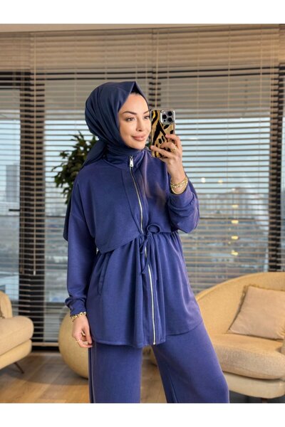 ALANURMODA 22839-5 بدلة روبا بسحّابات جانبية باللون الأزرق الداكن