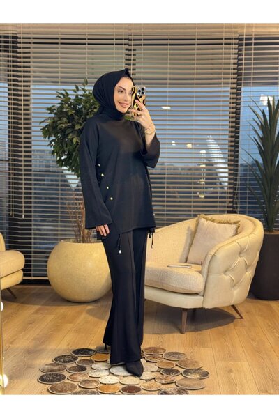 Yasemen 44214 تونيك تريكو بقطع جانبية من فيريف باللون الأسود