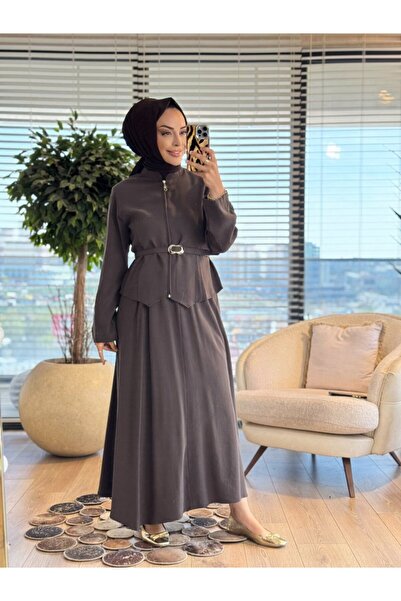 ALANURMODA 7520 طقم تنورة بحزام وسحاب أمامي باللون البني