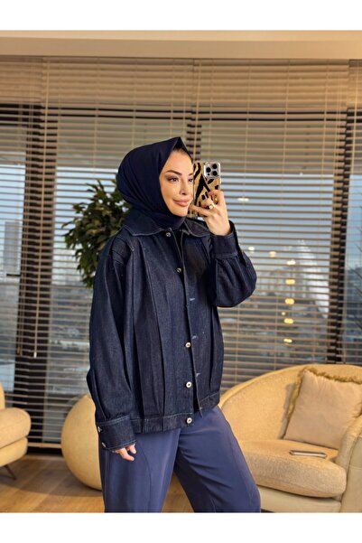 ALANURMODA 7458 Pleated Shoulder Detail Denim Jacket Navy Blue