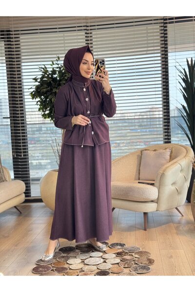 moda erçin 802 طقم تينسل بدون ياقة بأزرار أمامية على شكل زهرة بلون البرقوق