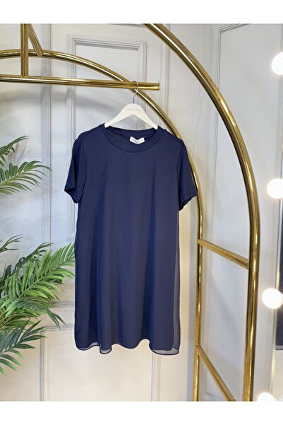 ALANURMODA 10271 بلوزة شيفون أمامية بأكمام نصفية باللون الأزرق الداكن