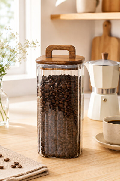 welcomein 1500 ml Kare Line Cam Kavanoz – Ahşap Kapaklı, Kulplu, Şeffaf Kuru ...