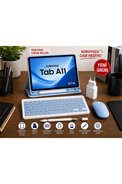 Samsung Galaxy Tab A11 8.7''İNCH 8GB / 128GB TABLET+BEYAZ KALEM+MAVİ KILIF+MA...