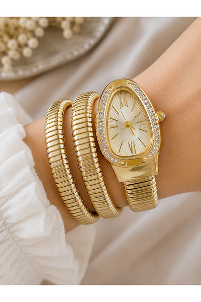 Weluxa Snake Bracelet Watch Gold Color Dial Women's Stylish Design Gift Boxed