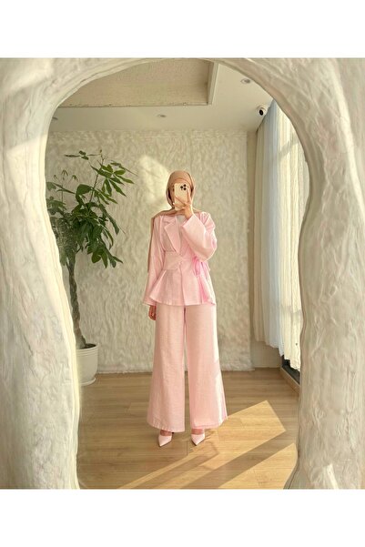 BELLASTORE Women's Dusty Pink Belted Jacket and Wide-Leg Pants Two-Piece Set