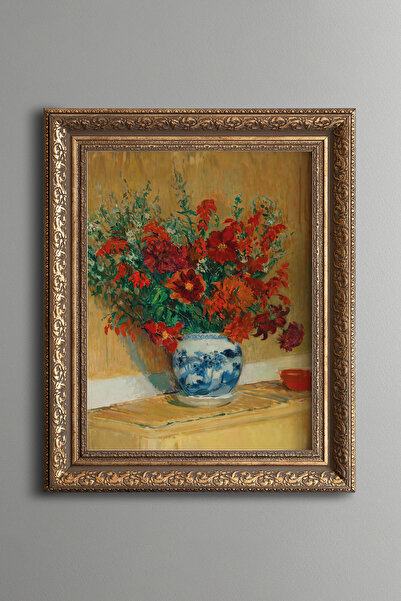 epiqart Still Life in a Red Flower Vase - Vintage Patterned Painting - Thick ...