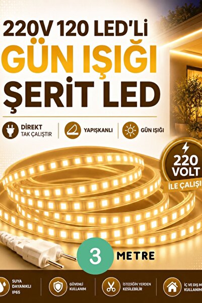 KONDEL 3 Metre 220V 120 LED’li GÜNIŞIĞI Şerit LED Yapışkanlı Direkt Tak Çalış...