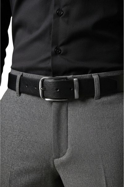 Rizz up Curea neagră subțire pentru bărbați, 100% piele naturală, cu elemente metalice, ușor de scurtat, design premium 2602676