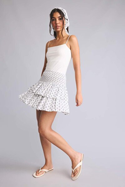 DeFacto Patterned Regular Waist Wrinkled Textured Viscose Ecru Mini Skirt H54...