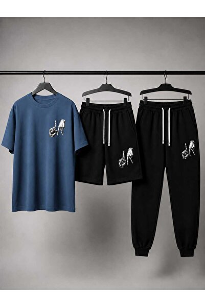 Gutsy T-Shirt Sweatpants Shorts 3-Piece Combination Thin Summer Finger Printe...