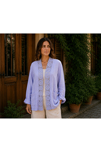 Miss Boheme Blue Color Linen Jacket with Lace and Pocket Detail