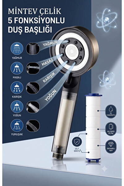 mintev 5 fonksiyonlu Filtreli Çelik Model Turbo Jet Duş Başlığı
