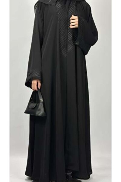 Sukra Double Layered Areeam Abaya with Black Embroidery on Front and Sleeves