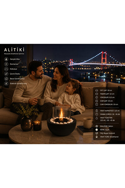 ALİTİKİ Beton Masaüstü Bioethanol Şömine Siyah - Borosilikat Camlı Dekoratif Şömine | Dumansız - Yakıt ve Taş Hediyeli