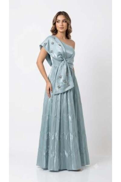 unbranded Women's One-Shoulder Ice Blue Evening Gown with Elegant Waist Bow a...