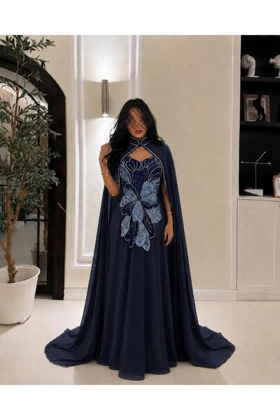 Mar style Luxury Velvet Rose Embroidery Cape Evening Dress