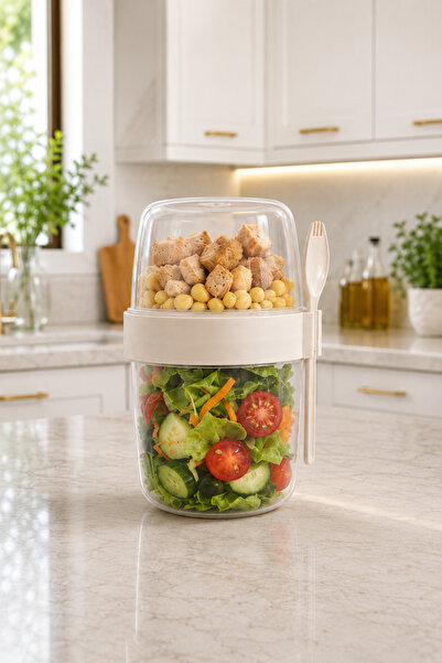 Sariva Home 300+600 ml Double Layer Salad and Yogurt Container, Spoon and For...