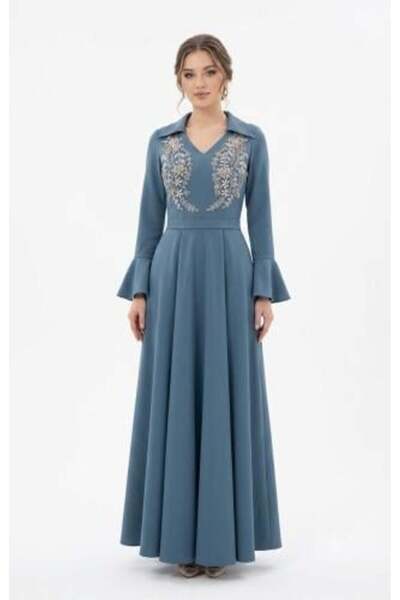 unbranded Women's Steel Blue Embroidered Maxi Evening Dress with V-Neck & Bel...