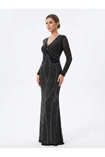 unbranded Women's Black Beaded Mermaid Maxi Evening Dress with V-Neck, Long S...