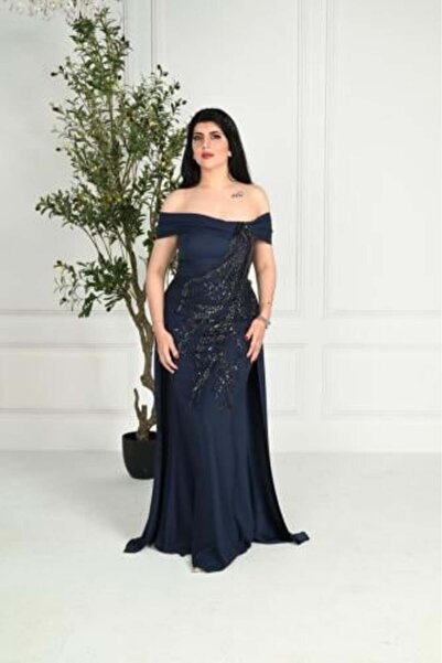 vela Royal Navy Blue Off Shoulder Evening Dress with Stretchable Crystal Embr...