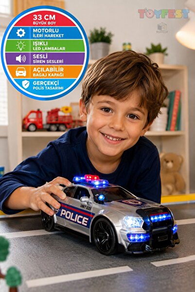 TOYFEST Motorlu Işıklı Sesli Polis Arabası Açılabilir Bagaj Pilli Oyuncak Pol...