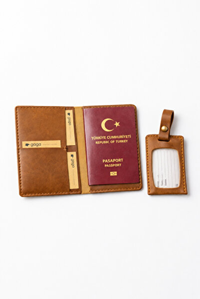 GAGA Deri Hakiki Dana Derisi Pasaportluk ve Valiz Etiketi Seti Unisex