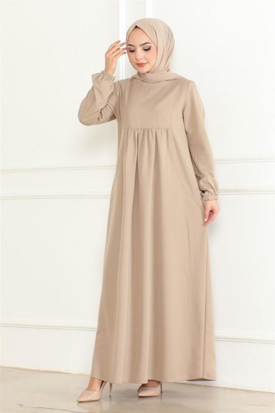 Mestore Front Gathered Comfortable Dress Beige