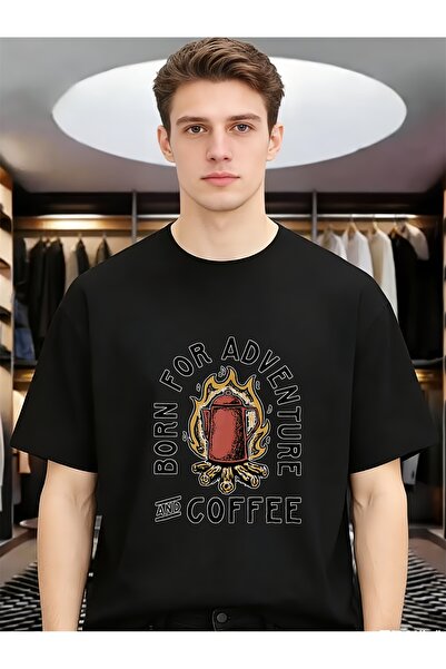 12 HERTZ تيشيرتات Born Adventure And Coffee للرجال لفصل الربيع والصيف برقبة د...
