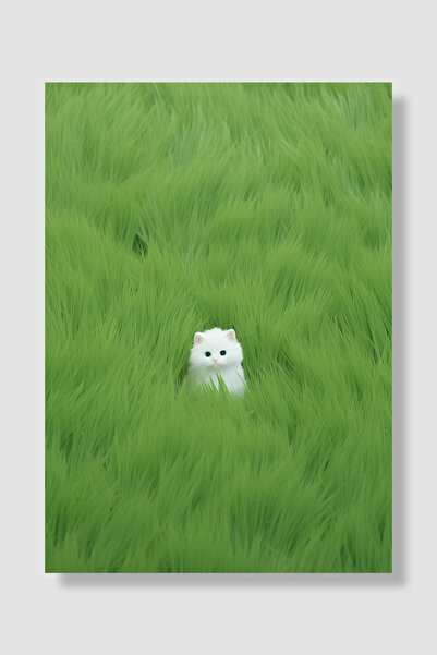 Luna Marissa Plakat sa mačkom Slatka bela maca u zelenoj travi Minimalistički...