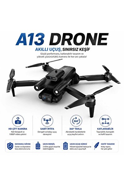 instatech A13 HD Çift Kameralı Katlanabilir Drone 1080P FPV Mini Drone 360° T...