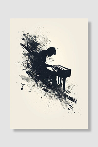 Luna Marissa Piano Poster Pianist Silhouette Black Splash Grunge Music Note D...