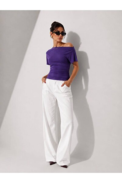 Hira Clothing Boat Neck Off-Shoulder Draped Bat Sleeve T-Shirt\Blouse\Top