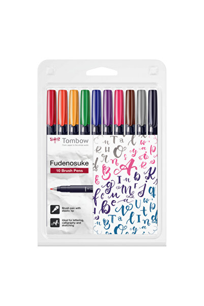 Tombow Set 10 culori Fudenosuke Hard Small Writing Vivid Color, culori intense
