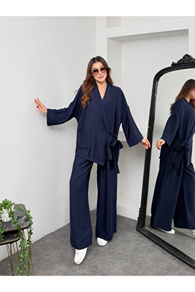 MiraMore Butik Women's Double-Breasted Tie-Waist Wide-Leg Pants Set with Pockets