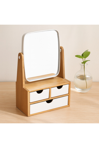 magicool Bamboo 3-Drawer Makeup Organizer - with Mirror & Hanger