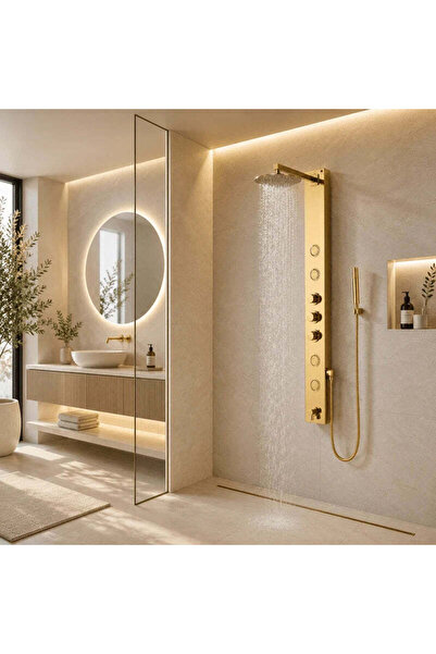 RFAN Panou de duș Premium Gold, Oțel inoxidabil SUS304, 140×16 cm, 6 funcții,...