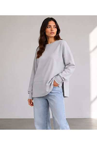 herkesemoda Oversize/Wide Fit Slit Crew Neck Soft Knitted Sweatshirt with But...