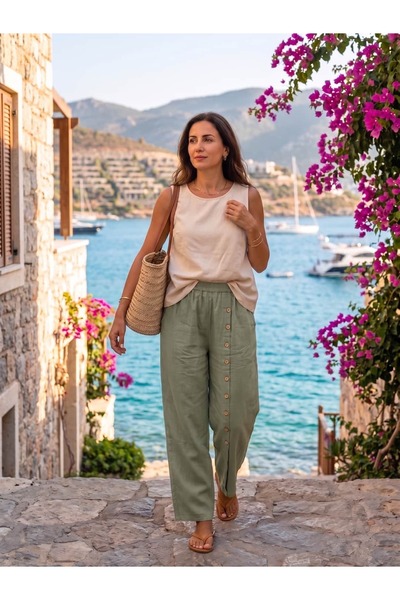 Punta Otantik Pts250202 Buttoned Wide Leg Cotton Eva Trousers Khaki