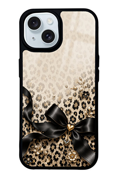Spoyi iPhone 15 Golden Leopard Bow Tasarımlı Glossy Telefon Kılıfı