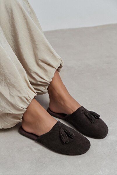 NİŞANTAŞI SHOES Nella Bitter Kahve Hakiki Süet Deri Püskül Detay Düz Taban Ka...