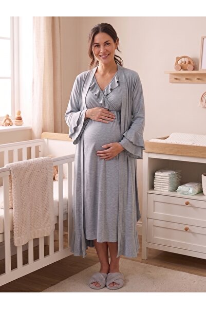 Lohusa Homewear New Season Gray Melange Flounced Full Length Easy Breastfeedi...