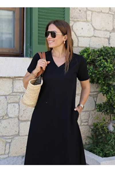 Livizmir Moda Women's Short Sleeve V-Neck Pocket Viscose Dress with A-Line De...