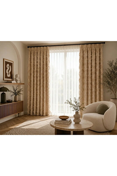 desenizmir Beige Color, Chenille Fabric Background Curtain, Single Panel 1.20...