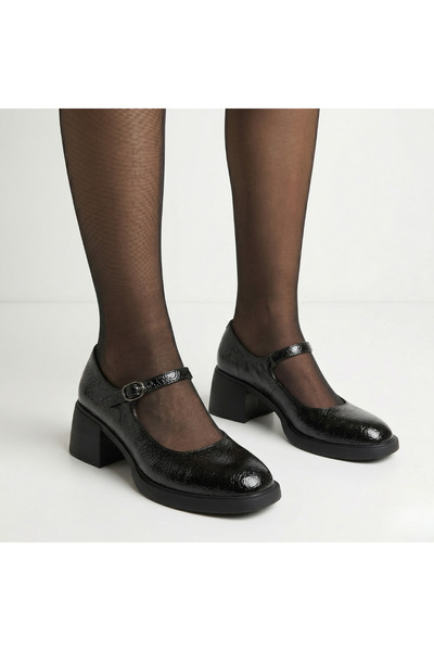 Platin Black Wrinkled Patent Leather Women's Strappy Casual Heeled Shoes