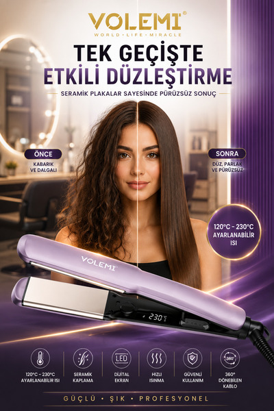 VOLEMİ 0200 Profesyonel Saç Düzleştirici – Keratin Yağlı Seramik Plakalı, Dijital Ekranlı, UV Korumalı Akıllı Isı Sensörlü 120°C-230°C Ayarlanabilir Isı, Hızlı Isınma