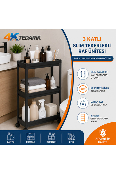 4K TEDARİK 3 Katlı Slim Tekerlekli Banyo Rafı Çok Amaçlı Raf Ünitesi Mutfak R...