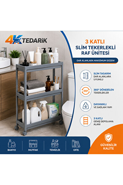 3 Katlı Slim Tekerlekli Banyo Rafı Çok Amaçlı Raf Ünitesi Mutfak Rafı Dolap Düzenleyici Organizer-Siyah