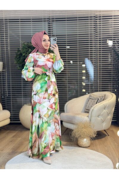 ORHAN STORE 08-1659 Watercolor Pattern Dress Green